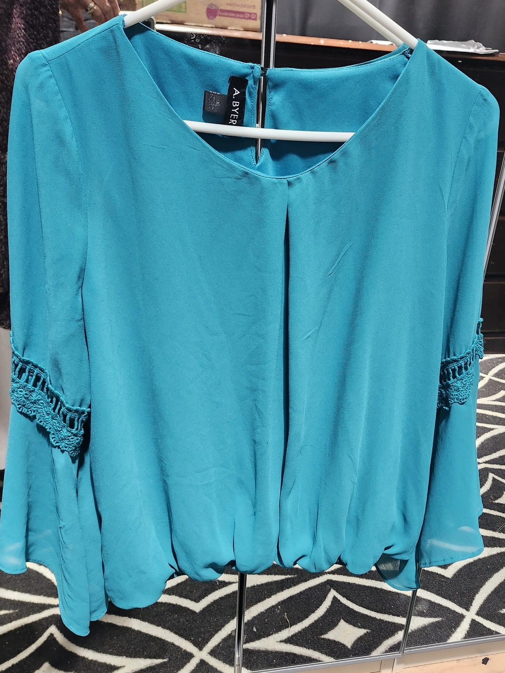 A. Byer Teal Blue Women's Blouse - Crochet Sleeve Detail